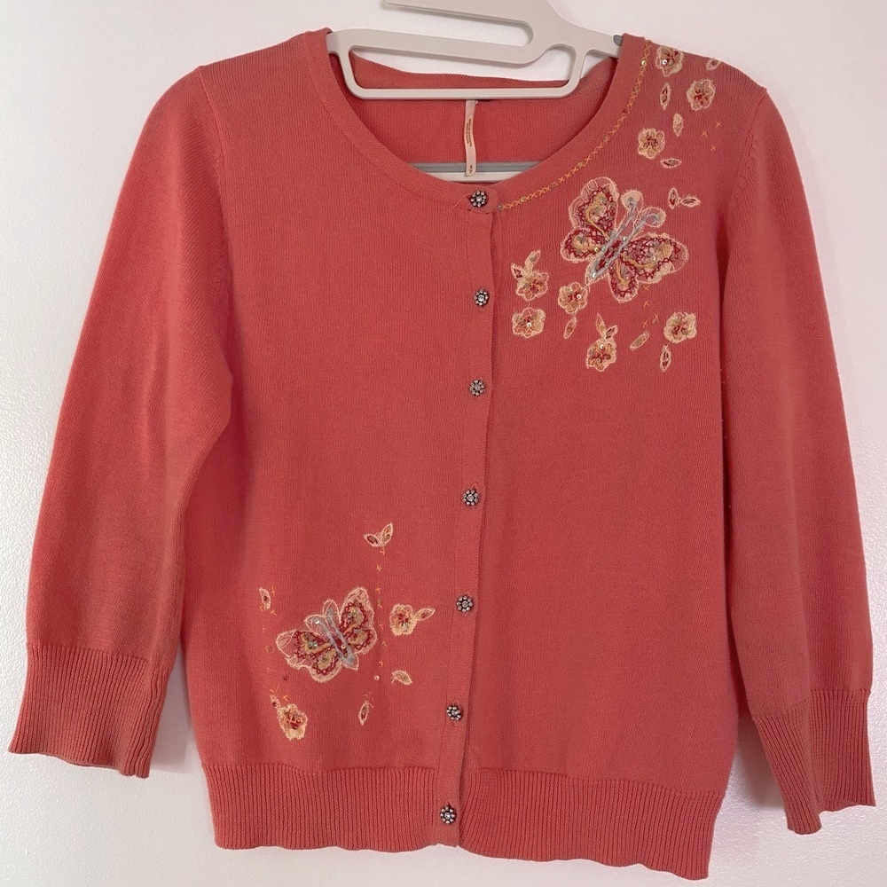 FREE PEOPLE CORAL BUTTERFLY EMBROIDERY CARDIGAN
